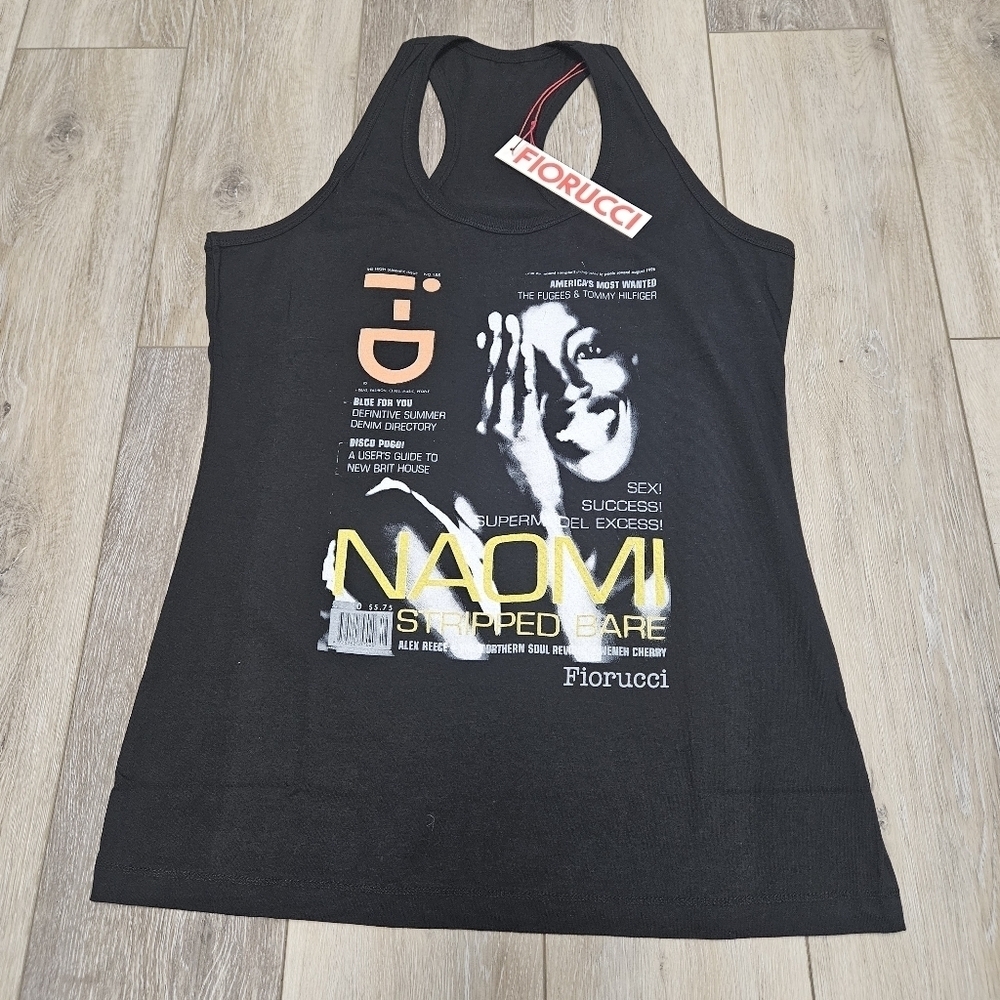 Fiorucci Naomi Campbell Graphic Tank Top Black Racer Back Italy Women's Large